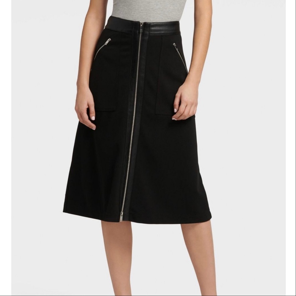 DKNY Midi Skirt w/ Zipper & Faux Leather Details
